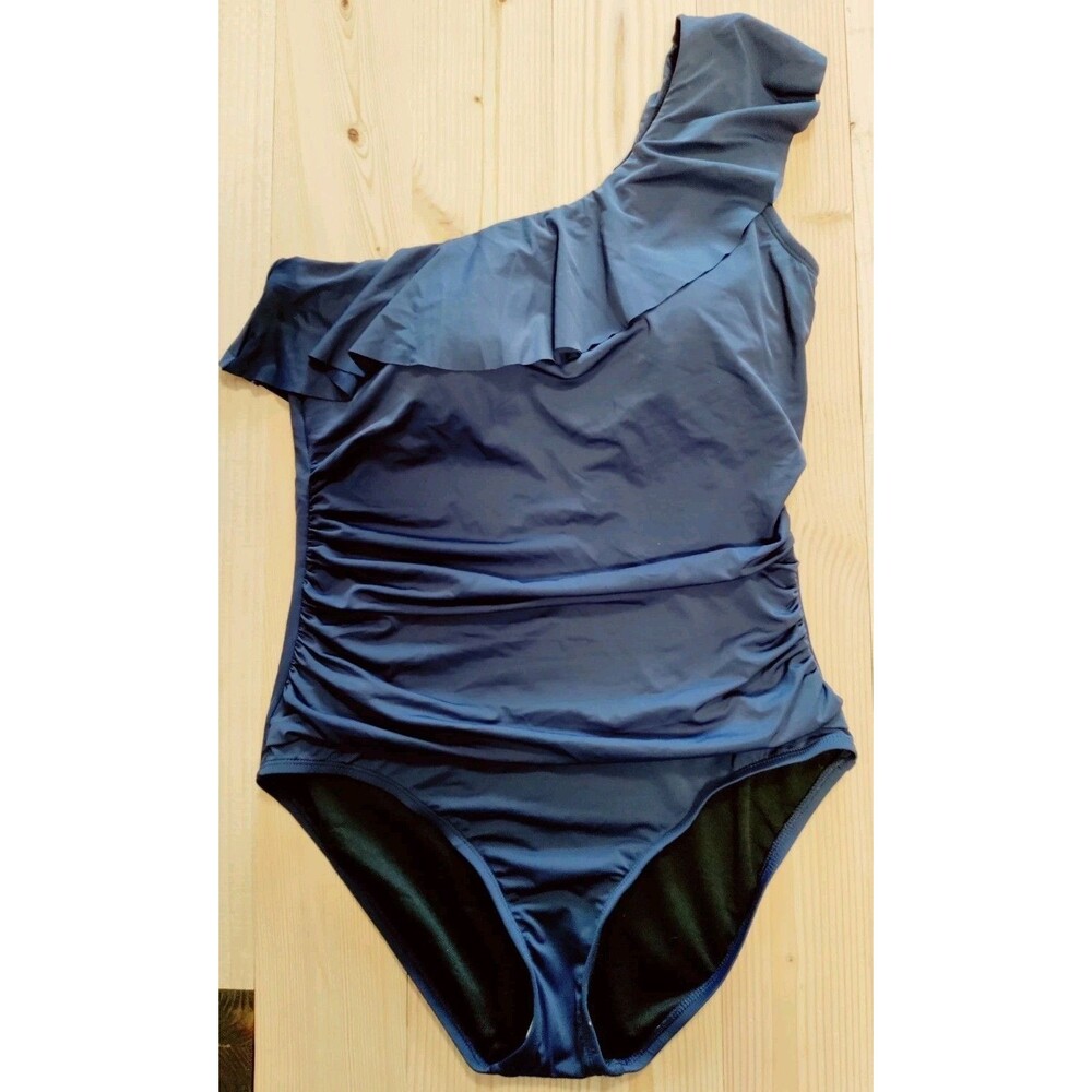 Hilor Women's One Piece Swimsuit One Shoulder Ruffle Navy Blue Size 12